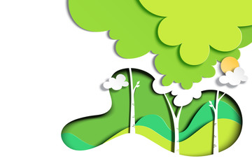 Aufkleber - Green nature landscape background template paper art style.Environment and ecology conservation concept.Vector illustration.