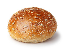 Hamburger Bun With Sesame And Sunflower Seeds. Fast Food. Isolated On White Background.