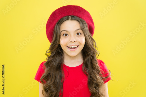 Kid Cute Face With Adorable Curly Hairstyle Wear Beret Hat Little