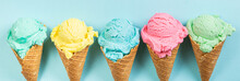 Pastel Ice Cream In Waffle Cones, Bright Background, Copy Space