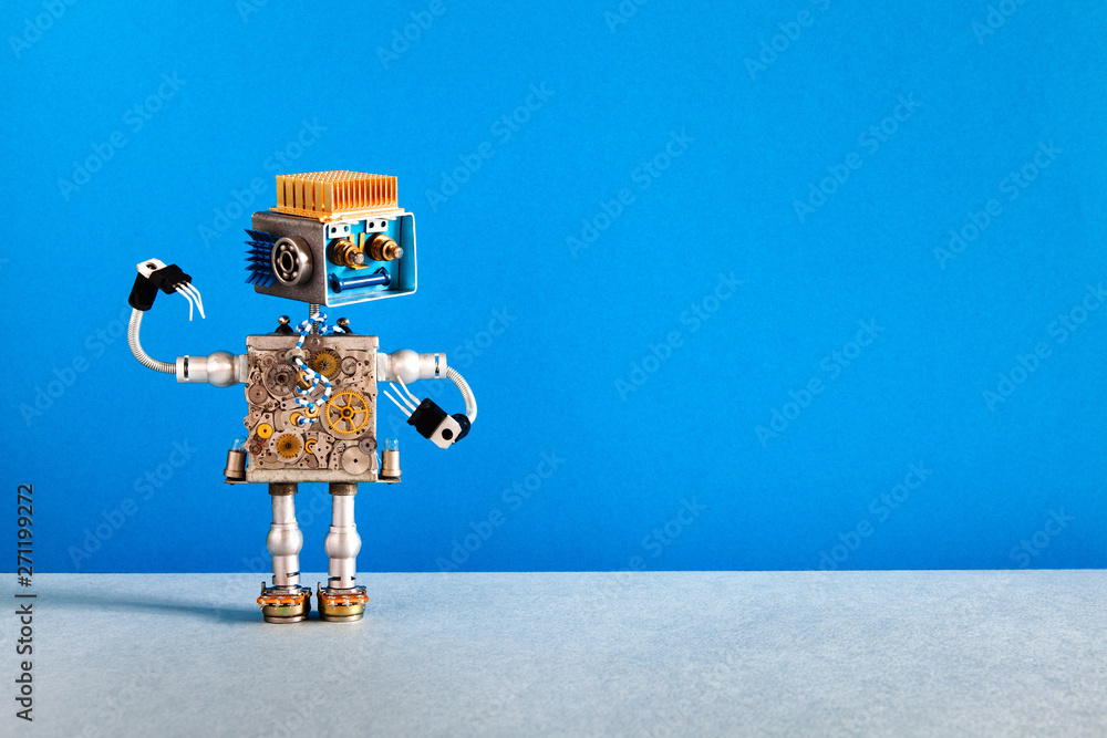 Mechanical robot cheerful face, cogs wheels machine parts body. Creative design robotic toy on blue gray background. copy space - obrazy, fototapety, plakaty 
