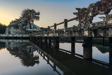 Dragon in the lake of the abandoned park in Hue Vietnam