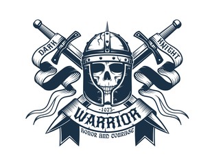 Medieval coat of arms. Skull warrior in helmet, crossed swords and heraldic ribbons. Vector illustration.