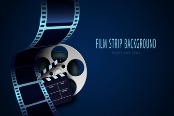 Wall Mural - Film reel, clapper board and twisted cinema tape isolated on blue background. Movie poster template with sample text for cinema design. Cinematography concept. Vector illustration