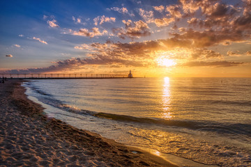 Wall Mural - Dramatic Sunset at Michigan City East Pierhead Lighthouse