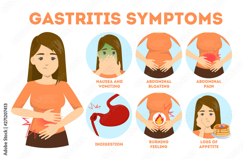 Gastritis symptoms infographic. A digestive system disease - obrazy, fototapety, plakaty 