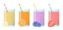 Smoothie Set. Collection Of Tasty Healthy Drink In Glass