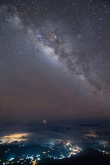 panorama view universe space shot of milky way galaxy with stars on a night sky background.