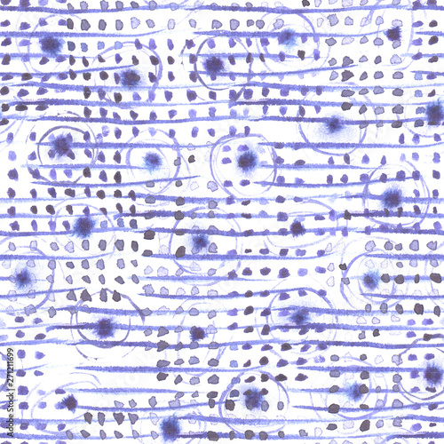 Abstract striped and dotted navy blue seamless watercolor pattern