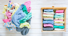 Marie Kondo Tyding Up Method Concept - Before And After Kids Clothes Drawer, Copy Space