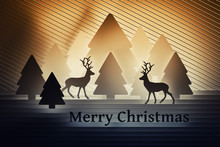 Christmas Greeting Card With Yellow Black Colors Trees And Reindeers