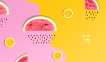 Creative Layout Made Of Watermelon, Lemon. Flat Lay. Food Concept. Macro Concept. Pink And Yellow Background.