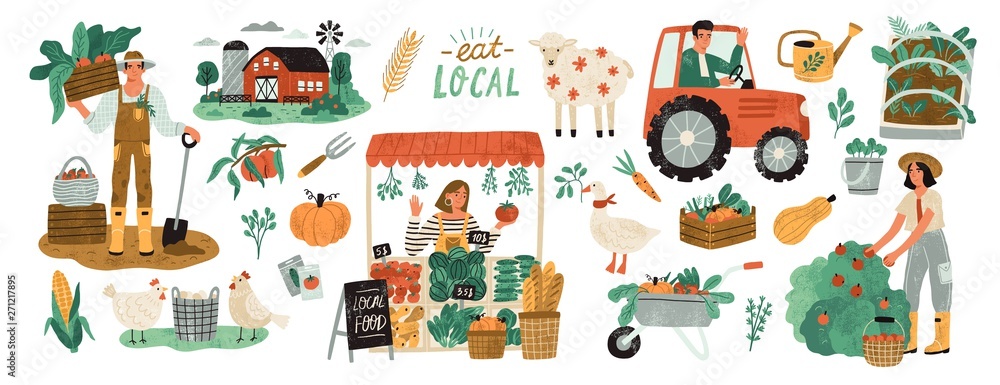 Local organic production set. Agricultural workers planting and gathering crops, working on tractor, farmer selling fruits and vegetables, farm animals, farmhouse. Flat cartoon vector illustration. - obrazy, fototapety, plakaty 