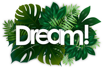 Wall Mural - dream word and green tropical’s leaves background