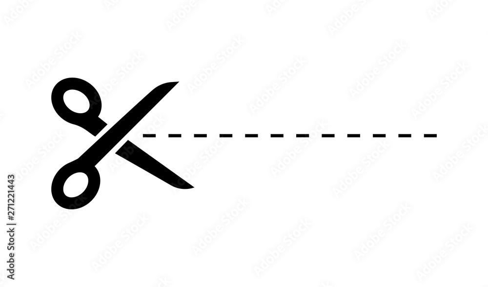 Dark Scissors icon on white background. Scissors icon with cut line - obrazy, fototapety, plakaty 