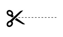 Dark Scissors Icon On White Background. Scissors Icon With Cut Line