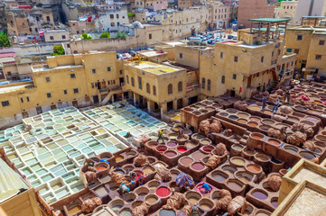 Aerial view of the colorful leather tanneries of Fez, Morocco