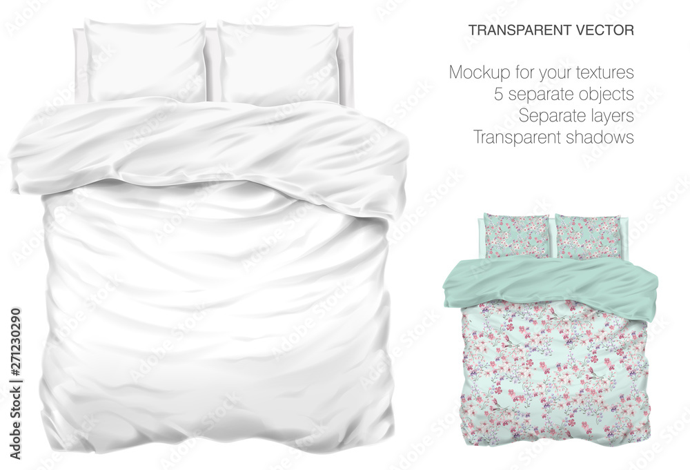 Vector blank white bed mock up for your design and fabric textures. Pillows and blanket with transparent shadows. View from the top - obrazy, fototapety, plakaty 