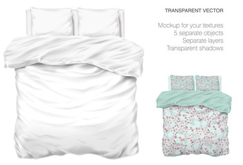 vector blank white bed mock up for your design and fabric textures. pillows and blanket with transpa