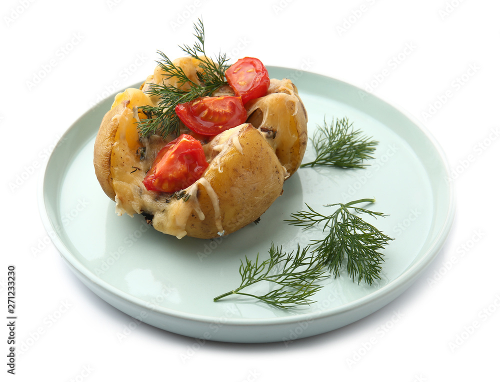 Plate with tasty stuffed potato on white background