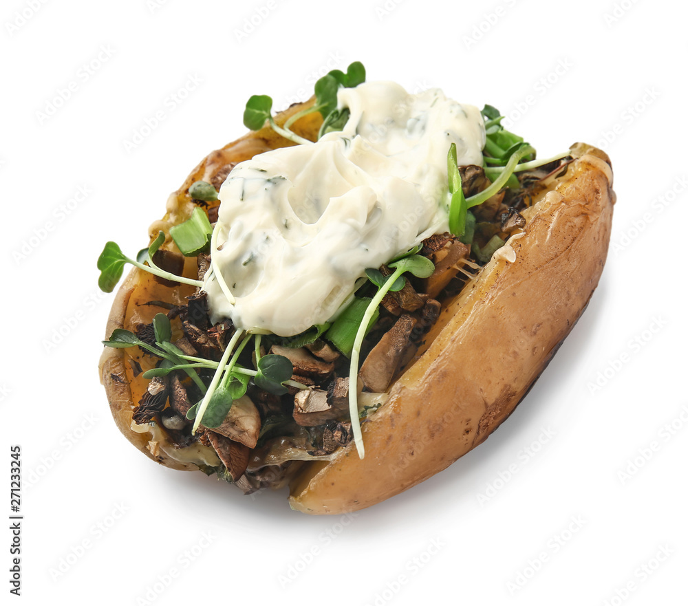 Tasty stuffed potato on white background