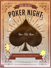Poker Night Party Template Or Flyer Design Decorated With Floral Pattern, Chips And Playing Cards Element On Yellow Grunge Background. Design Template With Sample Text For Promoting Your Events.