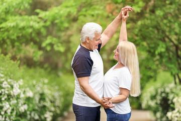 Wall Mural - Portrait of happy mature couple dancing in park