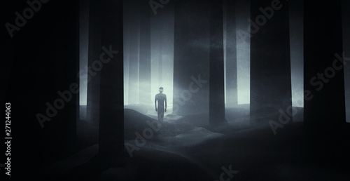 Fotomural scary ghostly apparition in haunted forest at night, horror scene background