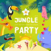 Jungle Party. Cute Exotic Animals Design. Children Event Poster Template. Papercraft.