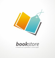 Wall Mural - Book store creative logo design idea with open book and price tag. Education and science vector symbol illustration.