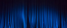Panoramic Background Of Blue Curtain On Stage Of Theater