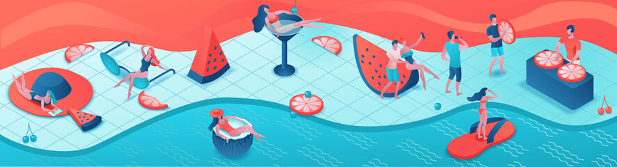 Pool party isometric 3d illustration with cartoon people in swimsuit, drinking cocktail, relax, recreation spa concept, horizontal banner, watermelon, orange, summer event background, leisure time