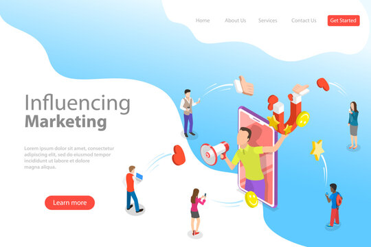 Isometric flat vector landing page template of social media influencer, digital marketing strategy, promotional advertising campaign.