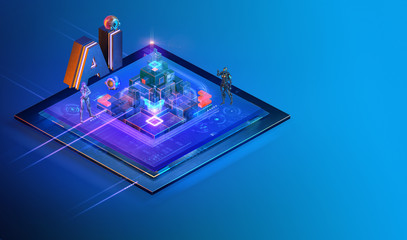 Isometric artificial intelligence website interface background design. Robotics technologies concept, digital brain, machine learning, ai software development, big data analysis, quantum computing. 3D