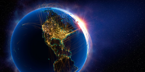 Wall Mural - detailed flight routes on earth. 3d rendering