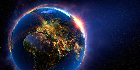 Wall Mural - detailed flight routes on earth. 3d rendering