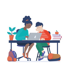 African American girl and Caucasian boy working on laptop, coding, learning computer science, vector illustration isolated on white background. Two kids, boy and girl learning to code on laptop