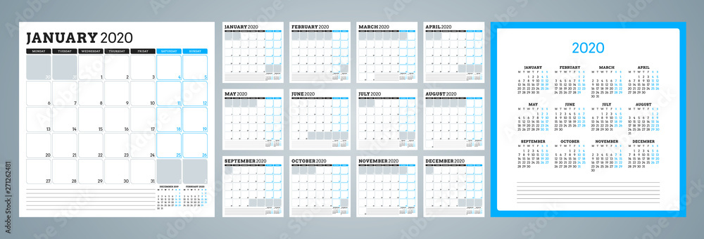Calendar planner for 2020 year. Week starts on Monday. Set of 12 months. Printable vector stationery design template - obrazy, fototapety, plakaty 