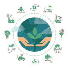 Wall Mural - vector illustration with set of icons isolated on white background on the theme of ecology.