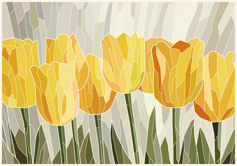 Wall Mural - Stained glass yellow tulips on gray scenic background. Vector graphics, mosaic full color. Imitation of colored glass