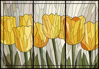 Wall Mural - Stained glass yellow tulips in frame. Vector graphics, mosaic full color. Imitation of colored glass