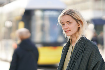 Woman with public transportation in Berlin, Germany