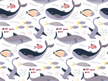 Vector Seamless Pattern With Fish And Sea Animals - Whale, Shark