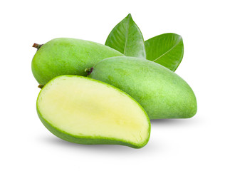 green mango with leaf isolated on white background. full depth of field