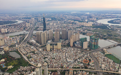 modern cityscape of Ho Chi Minh city at Vietnam take by drone