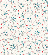 Boho Tiny Leaves Vector All Over Print.  Seamless Repeating Pattern Swatch.  Bohemian Folk Motif Background. Hand Drawn Retro Fashion Prints 1970s Style. Nature Wallpaper, Lino Cut Surface Design. 