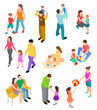 © MicroOne - Isometric family. Children parents in different home and outdoor activity. 3d people families vector set. Illustration of isometric family pastime, parents and children