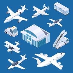 Sticker - Isometric airport building, airplaines and transport at the airport vector set. Isometric airplane and airport building internationa illustration