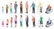 © MicroOne - Different generations. Isometric people adult female male characters kids girl boy old man woman human age evolution stages vector set. Illustration of human process aging