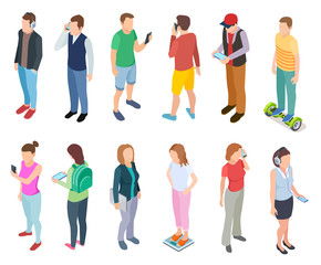 Wall Mural - Isometric young people. 3d man speaking smartphone in stylish casual hipster clothes young guys tablets persons phone vector set. Illustration of people with smartphone and other gadget